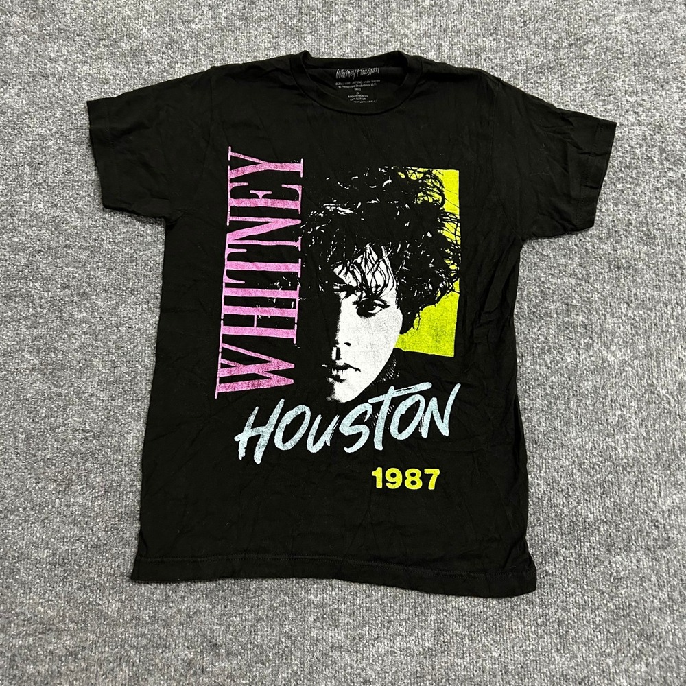 Whitney Houston T Shirt Womens Size S Black 1987 Graphic Neon Portrait Slim Fit